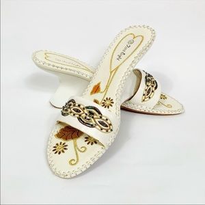 White Embroidered Beading Wedge Hills Sandals 8.5